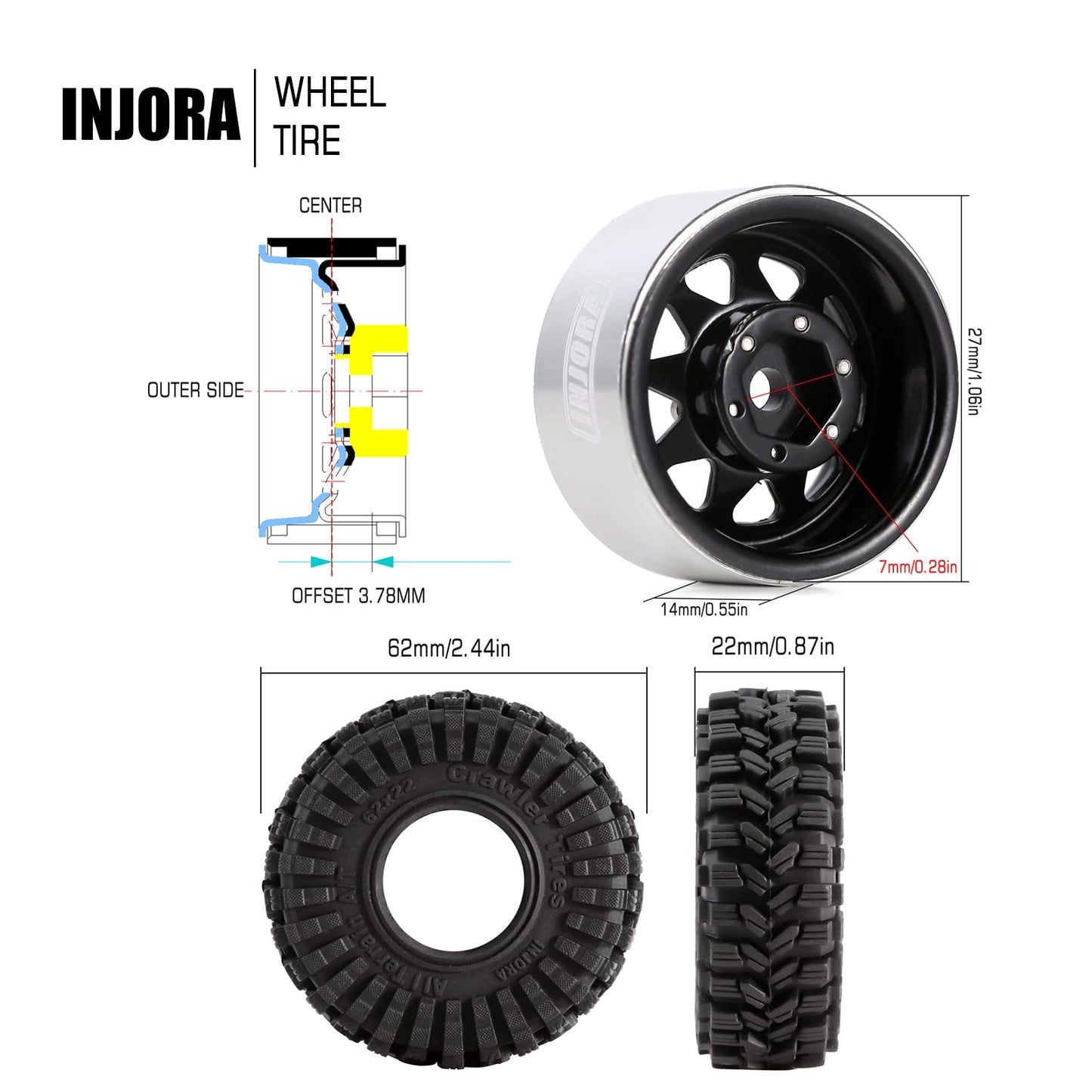 INJORA 1.0 Beadlock Wheel Tires Set -3.78mm Offset Wheel Rims for 1/18 1/24 RC Crawler Car Axial SCX24 FMS FCX24 TRX4M,Black (W1004-T1014)
