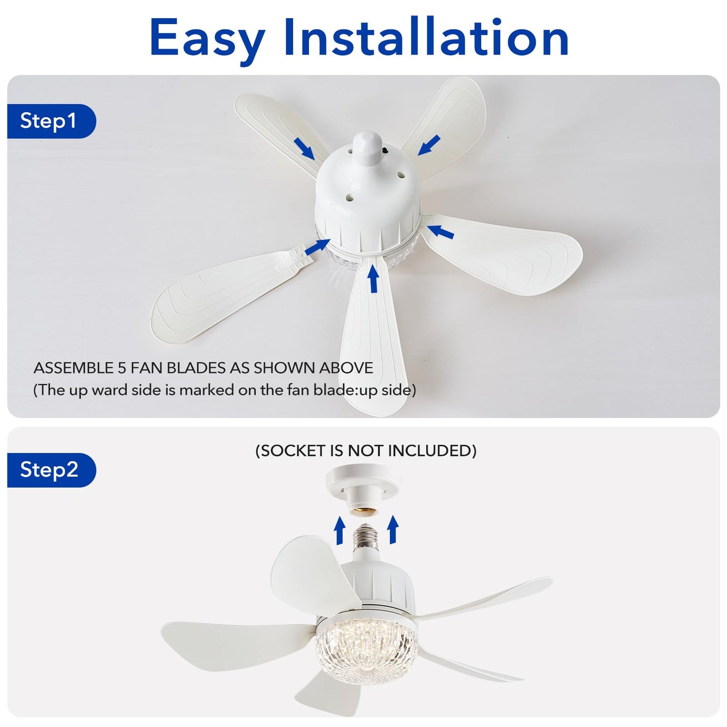 17.71 inch Socket Fan Light Ceiling Fan with Lights, Remote Control, LED Light Bulb E26 Base, Plug Screw in Ceiling Fan in Light Socket for Bedroom, Kitchen, Living Room, Balcony