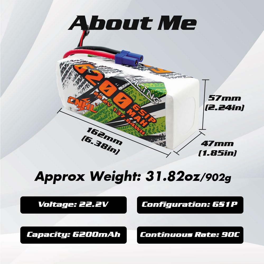 CNHL 6200mAh 6S Lipo Battery 22.2V 90C with EC5 Plug for RC Car Airplane Truck Tank Speed Run Truggy Buggy Boat Vehicles Helicopter Racing Hobby