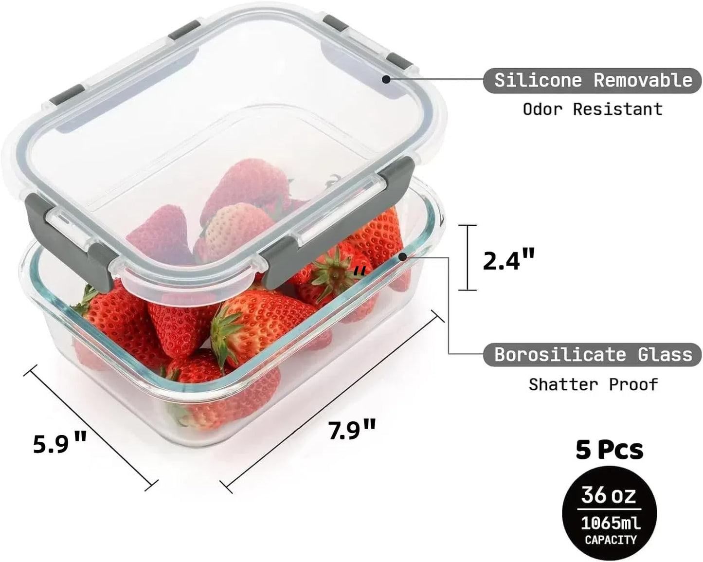 Cuiselect 5 Pack 36 Oz Glass Meal Prep Containers with Lids, Reusable Glass Food Storage Containers with Lids, Leak Proof, Microwave, Oven, Freezer and Dishwasher Safe (Gray)