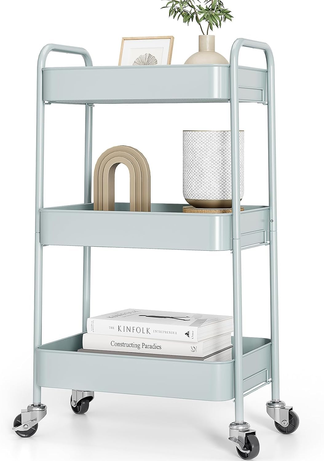 TOOLF 3-Tier Rolling Cart, Metal Utility Cart with Lockable Wheels, Storage Craft Art Cart Trolley Organizer Serving Cart Easy Assembly for Office, Bathroom, Kitchen, Kids' Room, Classroom (Green)