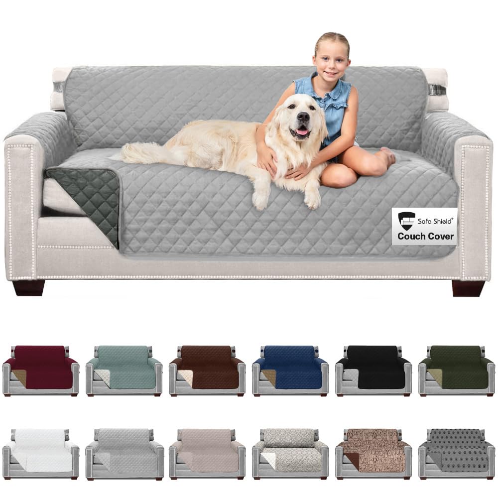 Sofa Shield Couch Cover for Dog and Pets, Couvre Protector for Sofas, Reversible Stain Resistant Housse Canapé, Quilted Microfiber 178 cm 3 Seat, Patented Slipcover with Strap, Light Gray Charcoal