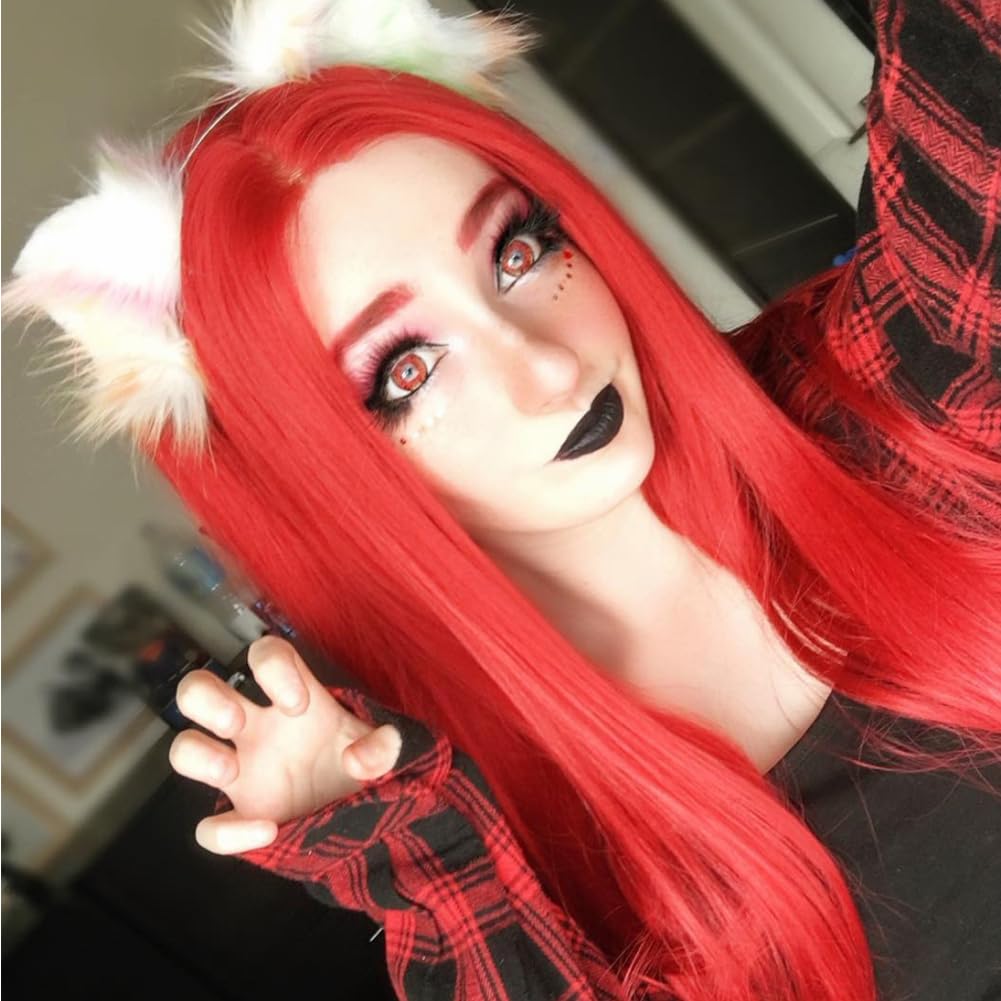 Angle Lucky Red Lace Front Wig Long Straight Red Middle Part Wig Synthetic Pre Plucked Lace Wig Heat Resistance Fiber Daily Makeup Party Wigs for Girls Women 24 Inch