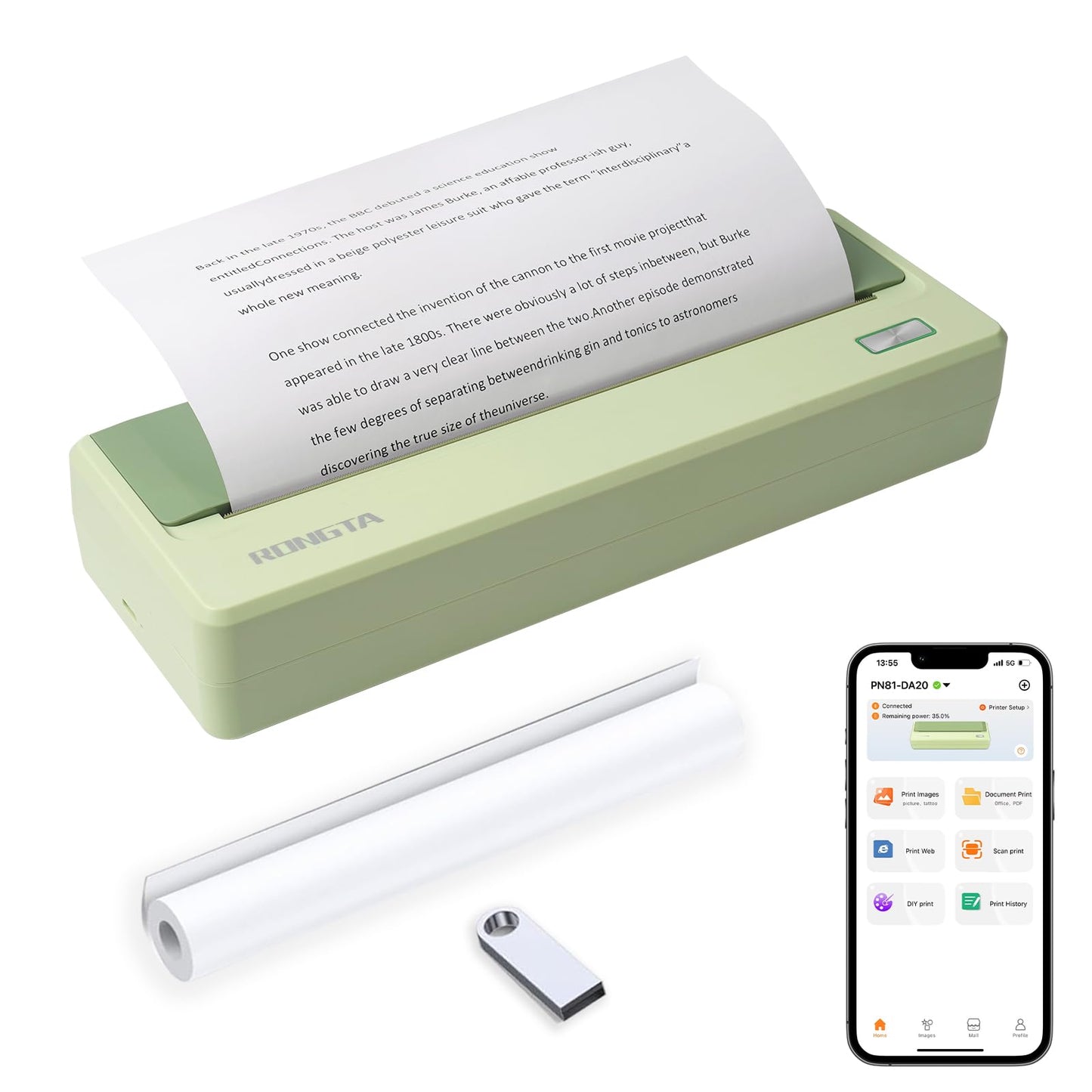 Rongta Portable Printer Wireless for Travel, 300DPI Thermal Inkless Bluetooth Mobile Printer, Support 8.5" X 11" US Letter, Compatible with Android iOS Phone & Laptops (Green)