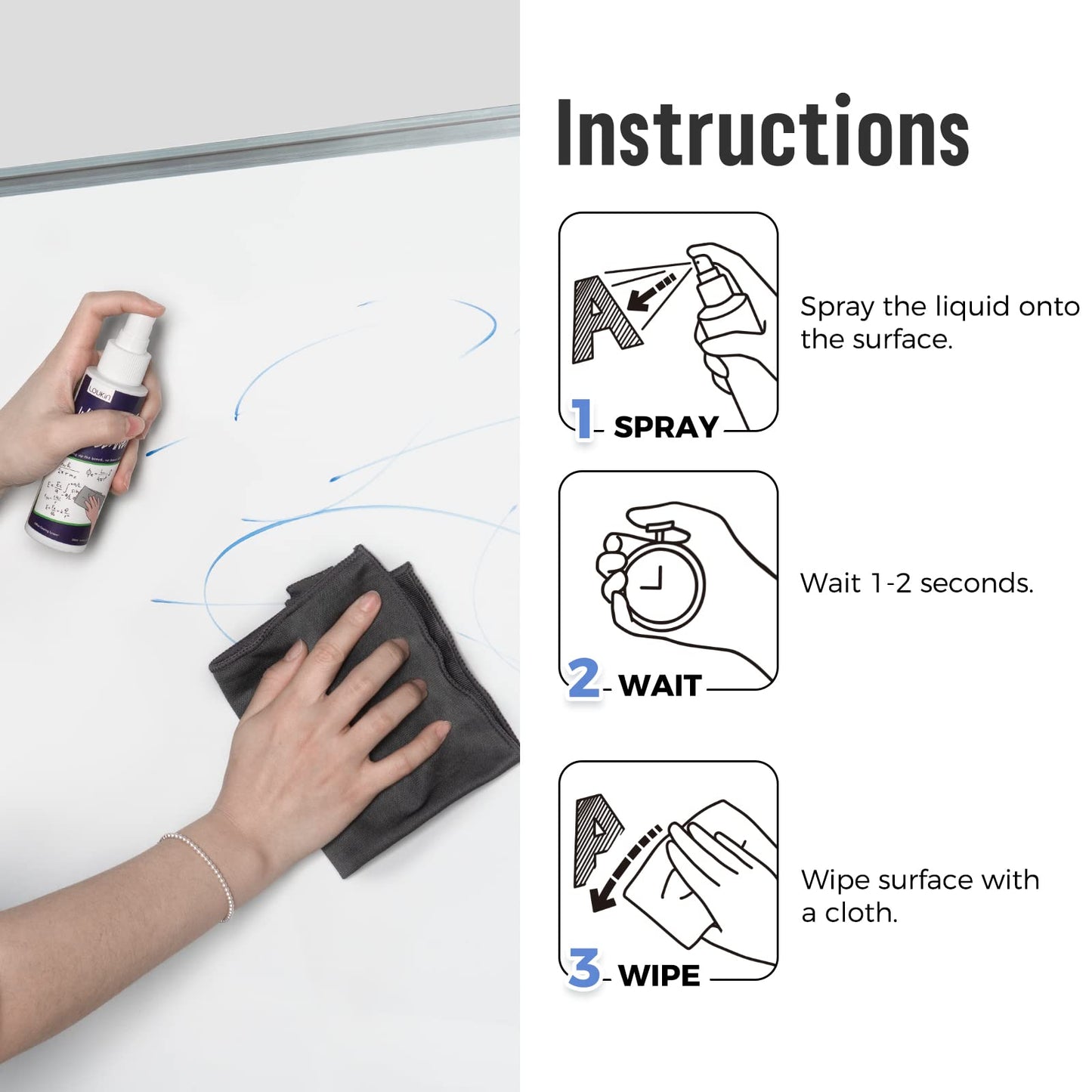 LOUKIN Non-Toxic Whiteboard Cleaner, 8.5oz Dry Erase Board Cleaner, Low-Odor Whiteboard Cleaning Spray with Cloths, Removes Stubborn Marks from Whiteboards, Chalkboard (6-Pack)