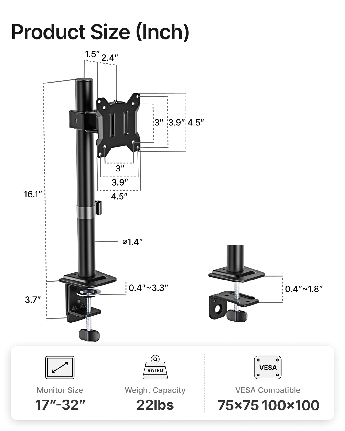 monTEK Single Monitor Stand, Stable Monitor Arm for 17-32 inch& 22lbs Capacity Screen, Height Adjustable Desk Mount with C Clamp and Grommet Base, VESA 75 * 75MM/ 100 * 100MM