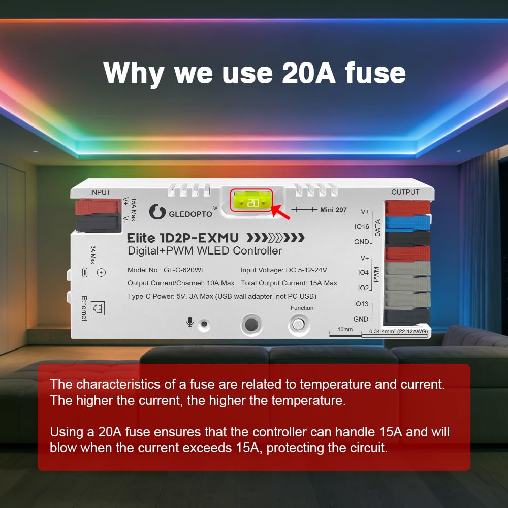GLEDOPTO Elite Ethernet ESP32 WLED LED Strip Controller Digital RGB IC PWM CCT Monochrome Dual Outputs Built in Fuse Relay I2S PDM Mic for Addressable WS2811 WS2812 WS2815 SK6812 Analog Strip Light
