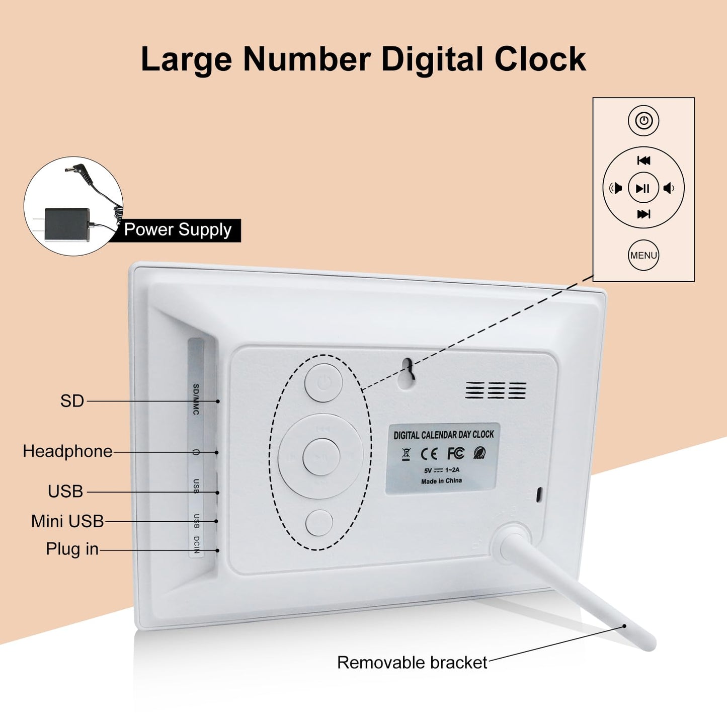 Dementia Clock for Seniors 7" Large Display Digital Calendar Day Clock,15 Custom Reminders, Alarm Clock with Day and Date,Auto-Dimmer,Electronic Calendar for Elderly Alzheimer's White-Remote Control