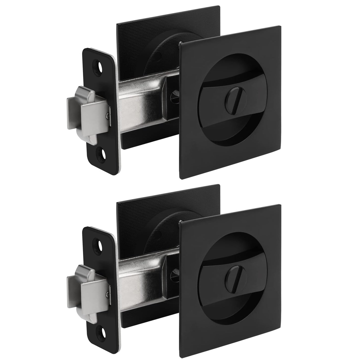 goldenwarm 2Packs Matte Black Square Pocket Door Lock, Pocket Door Hardware for 2-1/8'' Round Bore Hole, Pocket Door Handles Fit 1-1/4'' to 2'' Thickness Sliding Door 2-3/8'' Latch