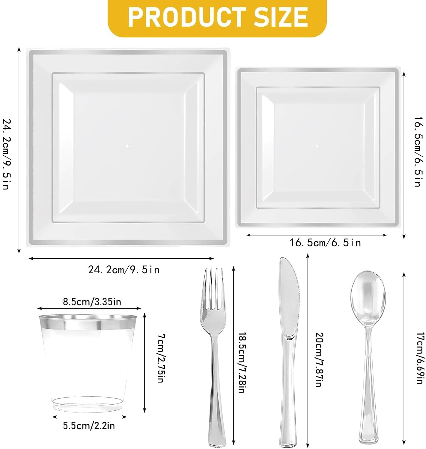 175 Pcs Silver Square Plate with Disposable Silverware, Silver Plastic Dinnerware Set for 25 Guests, Including 25Dinner Plates, 25Dessert Plates, 25Cups, 25Napkins, 25Cutlery Set