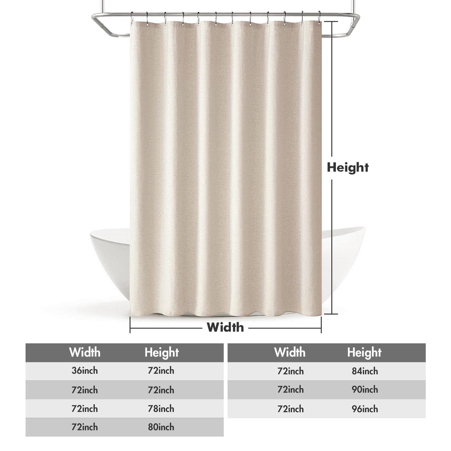 MIULEE Linen Shower Curtain with 12 Metal Hooks Modern Heavy Duty Washable Beige Fabric Shower Curtain Set Waterproof Neutral Thick Cloth Shower Curtains for Bathroom Bathtub Washable, W72*L72, Cream