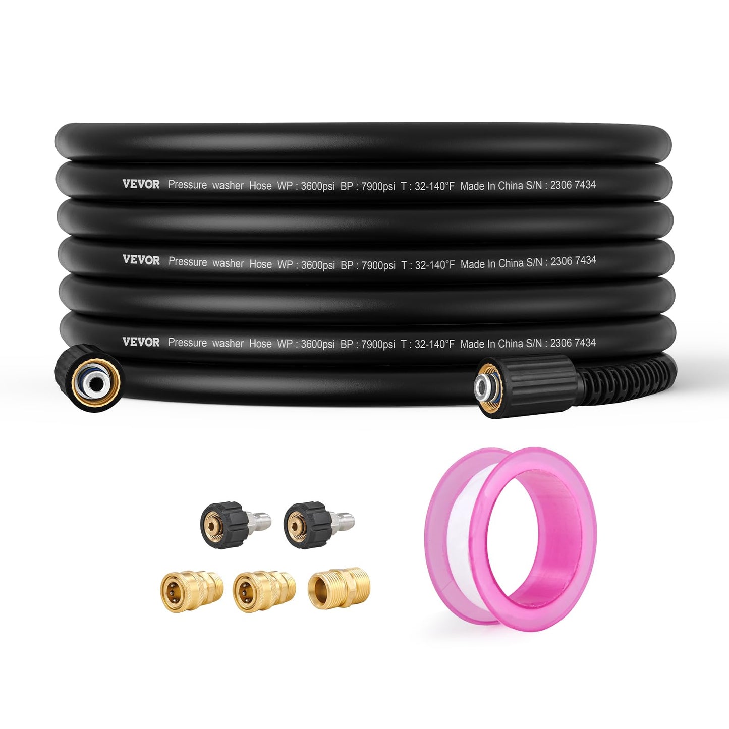 VEVOR Pressure Washer Hose, 50 FT, 1/4" Kink Free M22-14mm Brass Thread Replacement for Most Brand Pressure Washers, 3/4'' Bending Radius, 3600 PSI Heavy Duty Power Washer Extension Replacement Hose