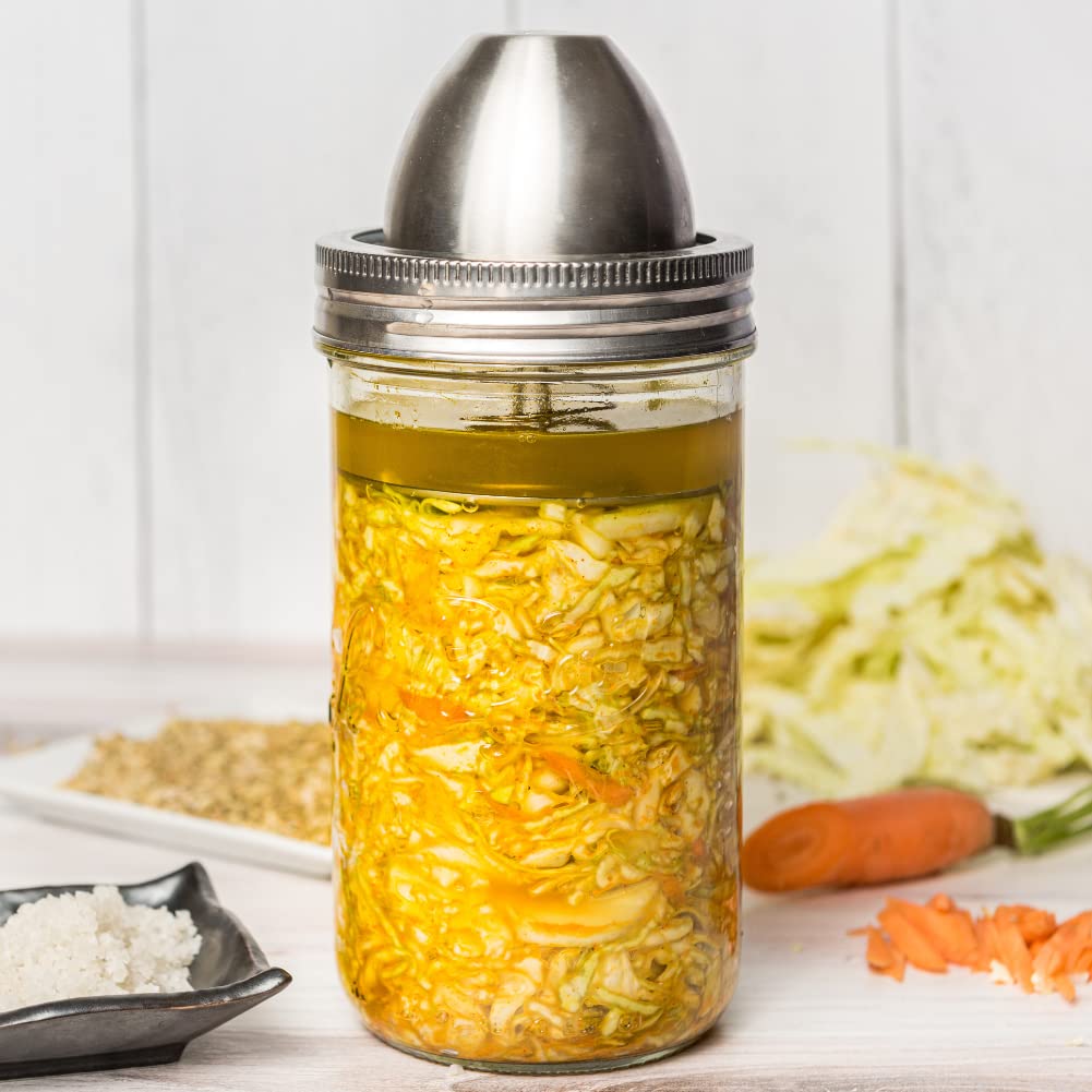 ChouAmi Stainless Steel Fermentation Kit w/Airlock & Weight for Easy Small-Batch Fermenting of Sauerkraut, Kimchi, Pickles ++ Use w/ 1L Le Parfait Wide Mouth Glass Mason Jar & Lid Included (Kit-1L)