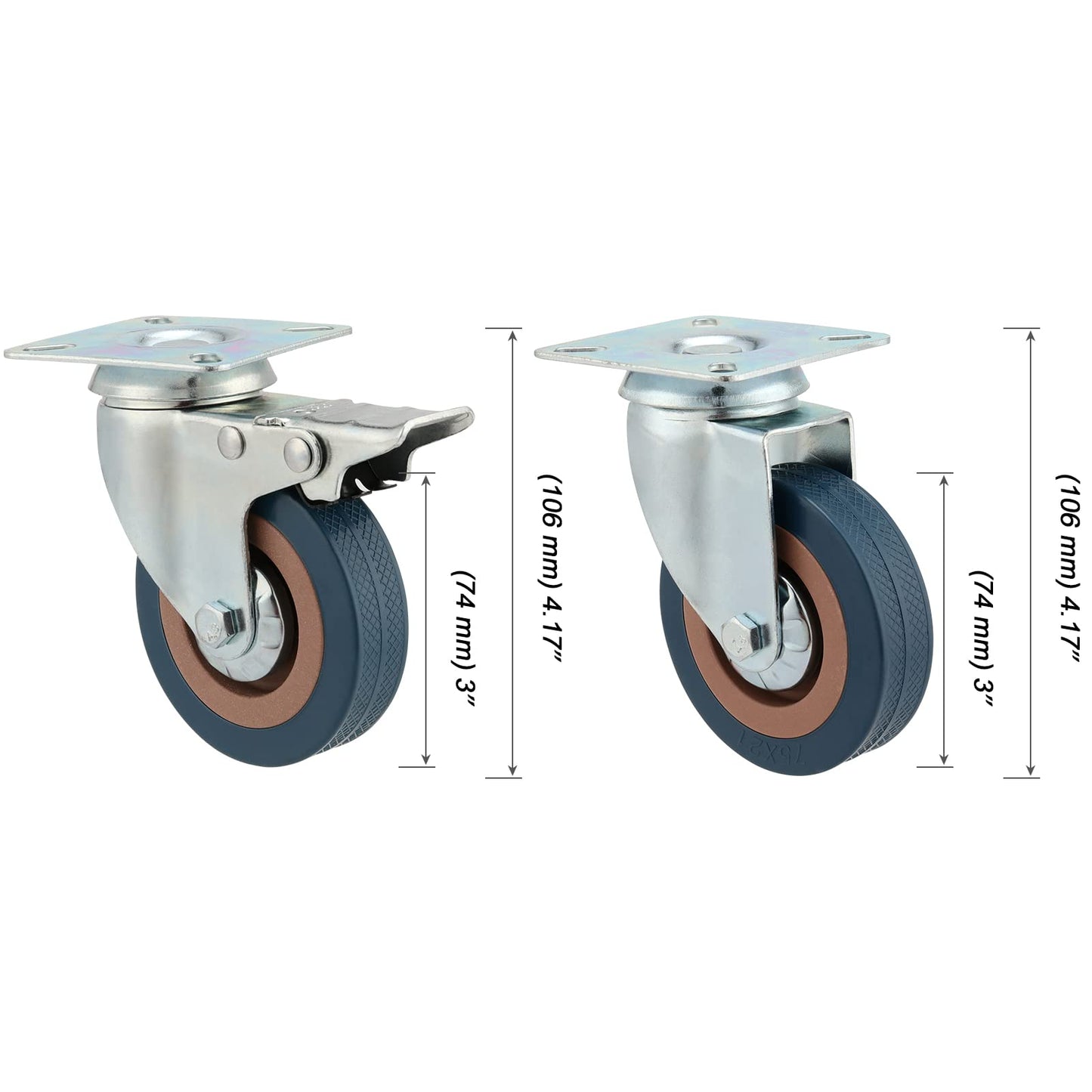 MOUYAT 8 Pack 3 Inch Caster Wheels, 880lb Capacity Heavy Duty Swivel Plate Casters, 360 Degree Caster Wheels for Furniture, Workbench, Movers Dollies (4 with Brake, 4 Without)