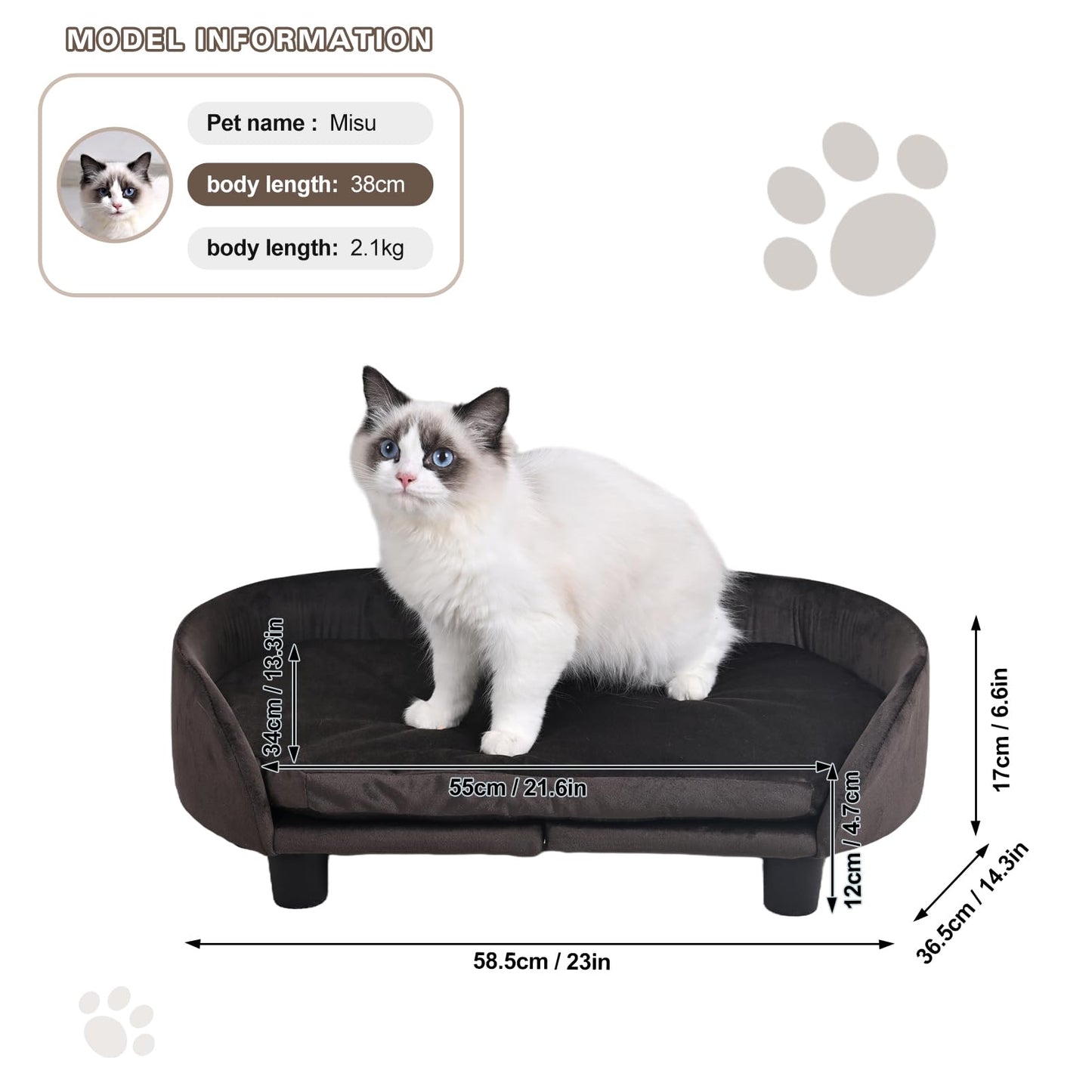 Small Dog Bed, Comfy Cat Bed, Velvet Pet Couch with Removeable Washable Cushion for Puppy & Cats (Brown)