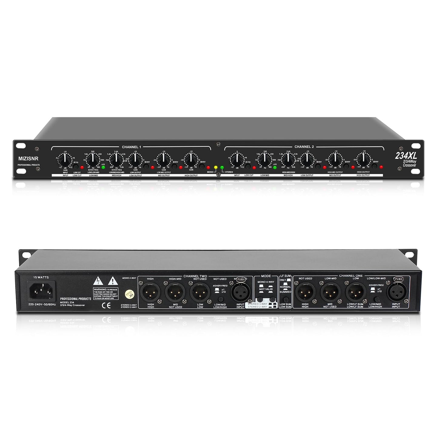 Professional Audio Crossover, 2/3 Way Stereo/ 4 Way Mono Crossover with XLR Input and Output, Stereo Audio Sound Processing Crossover for PA System with Subwoofer