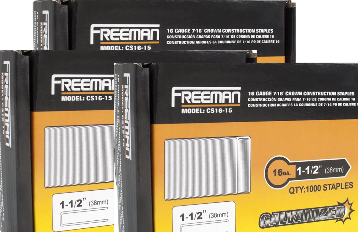 3 Packs Freeman of Galvanized Steel Construction Staples, 16 Gauge 1-1/2 inch Long with 7/16" Crown (1,000 Per Pack) - CS16-15PK3