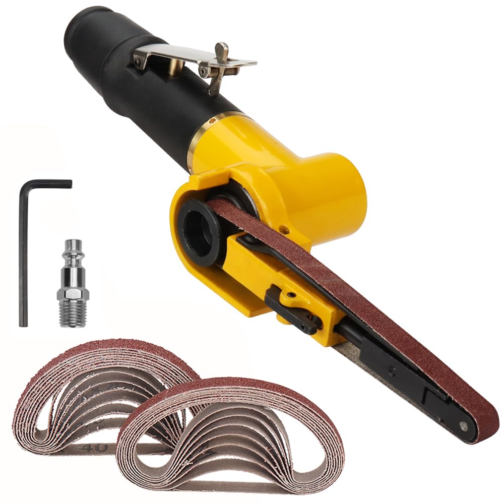 SI FANG Air Belt Sander 3/8 x 13 inch, Industrial Pneumatic Tools Mini Belt Grinder with 13Pcs 10x330mm Sanding Belts (Grit 60 80 120), for Spot Welding Parts Grinding, Burr Removal & Chamfering
