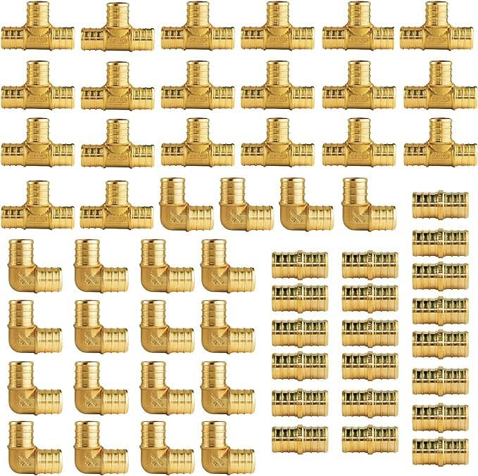 WiseWater 60 Pcs Pex Fittings, 3/4 inch T PEX Tee(20PCS) & 90 Degree Elbow(20PCS) & Straight Coupling(20PCS), Brass Barb Crimp Pipe Fitting for Pex Pipe(Pack of 60), UPC Certified