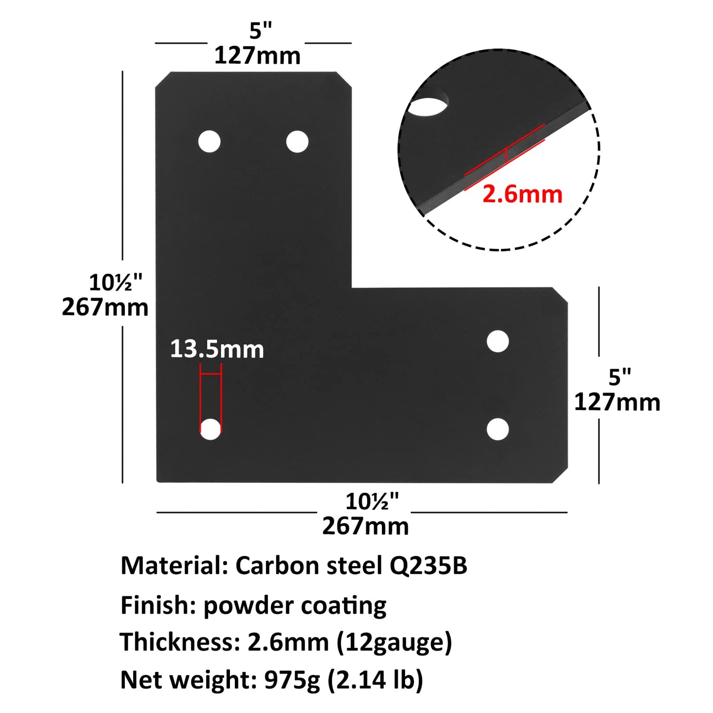 OTTFF 4 Pack Strong Strap Flat L Tie Plates Brackets for 6x6 Post, Mending Connector Wood, Steel, 12 Gauge