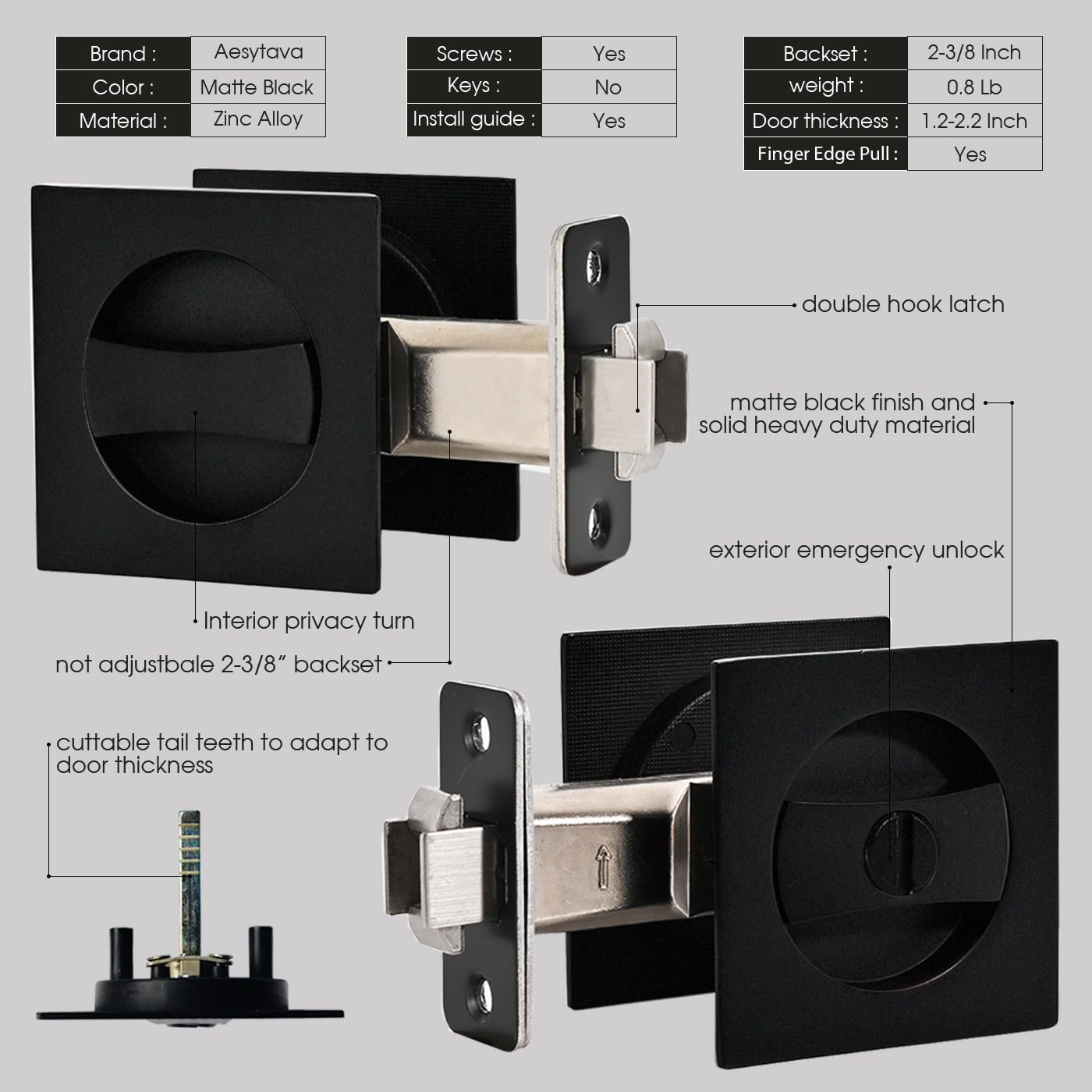 Aesytava Matte Black Privacy Pocket Door Lock, 2 3/8" Backset, Heavy Duty Square Pocket Door Hardware, Solid Black Pocket Door Hardware(1 Pack)
