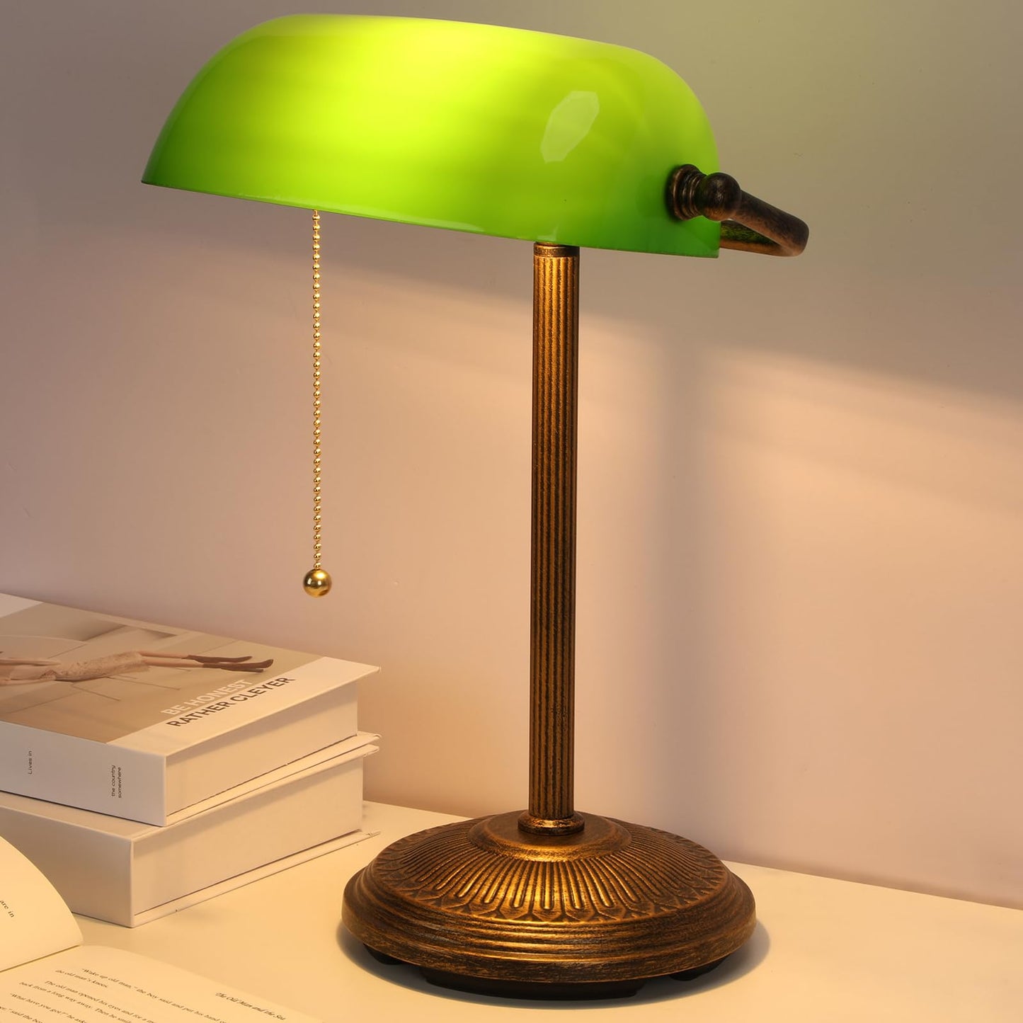NISSAFORS Banker Desk Lamp, Green Glass Shade, Vintage Desk Lamp with Chain Switch, Retro Table Lamps for Home Office (Retro Gold+Green, Small)