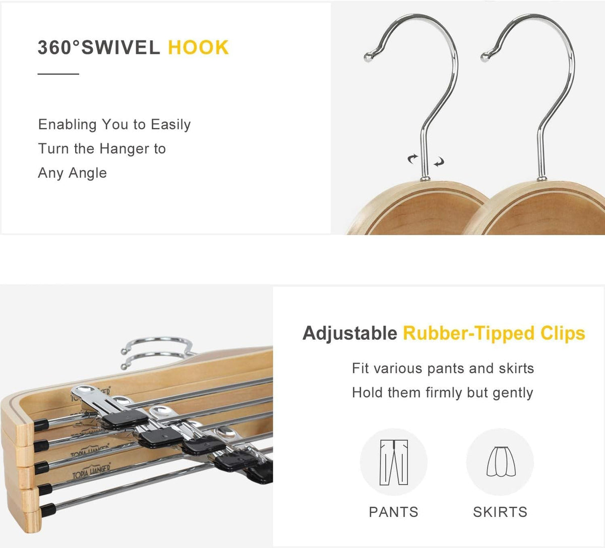 TOPIA HANGER Wooden Pants Hangers,Slim Natural Wood Skirt Hangers with Anti-Rust Hook and Adjustable Metal Clips, Perfect for Skirts, Pants, Slacks-20 Pack-CT17N20