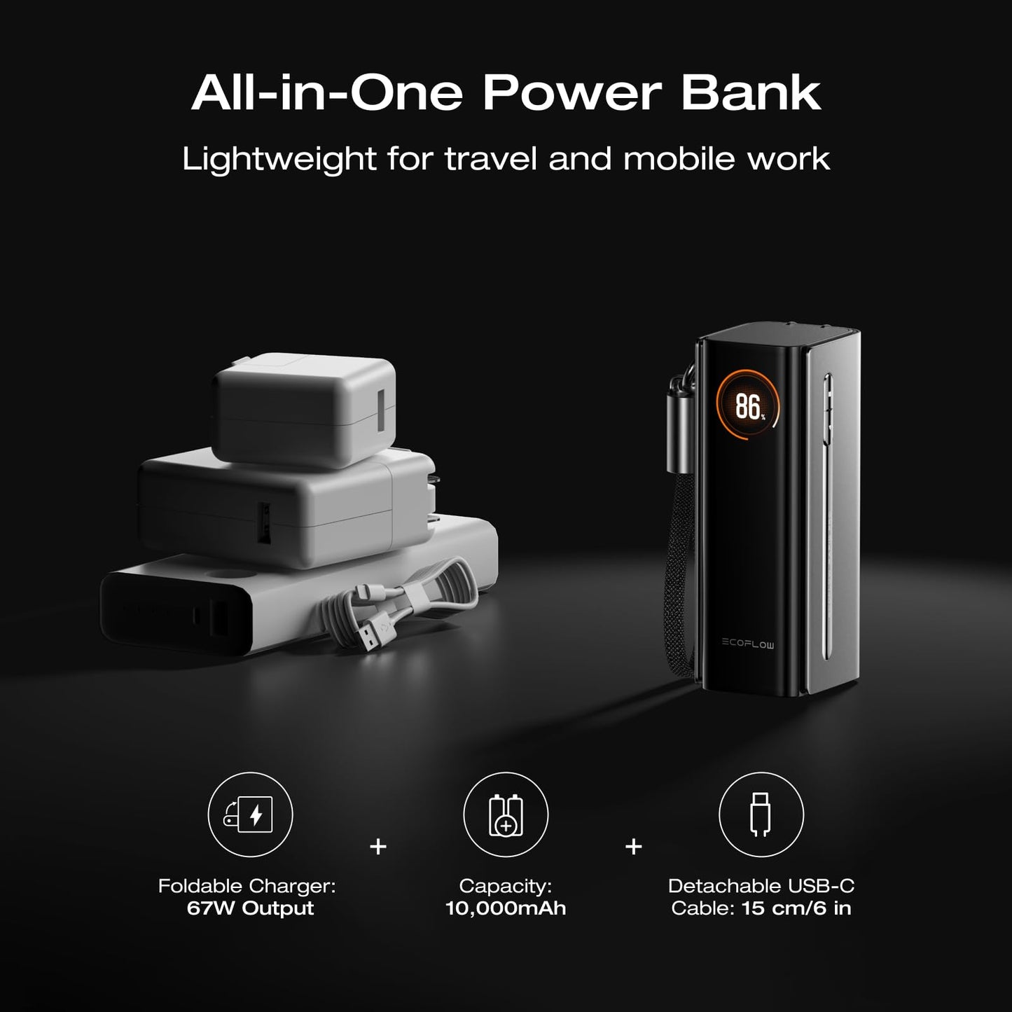 EF EcoFlow Rapid Pro 3-in-1 Power Bank, 10,000mAh Battery Pack with 67W Foldable AC Plug, Detachable USB-C Cable, 45W Fast Recharging, LCD Display Portable Power Bank,, Compatible with Phones, Laptops, and More