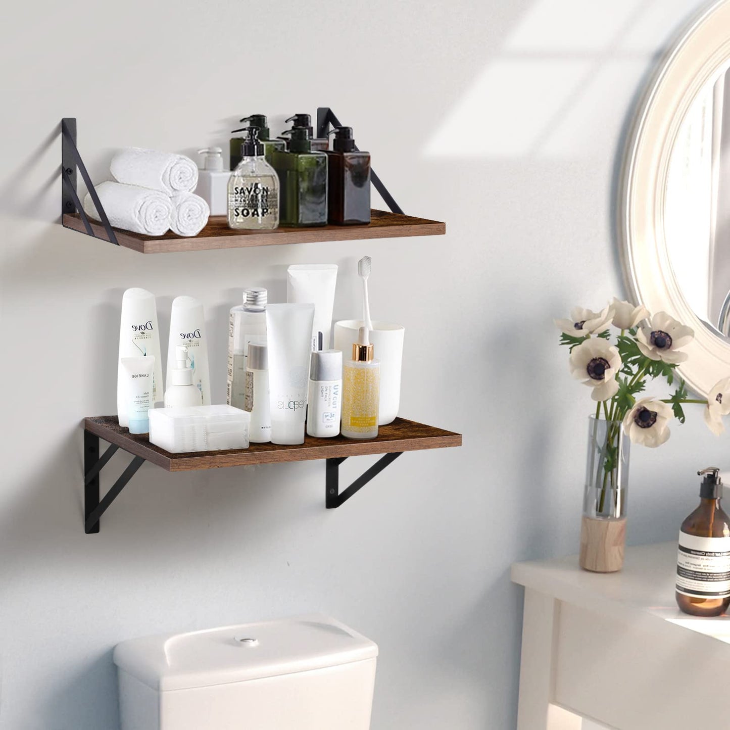 Tectocker-DOU 2 Pc Deep Floating Shelves ; 12 Inch Deep Wall Mounted Hanging Shelves for Living Room, Kitchen, Office, Bathroom and Bedroom Decor; Storage and Display Shelf Set (Rustic Brown)