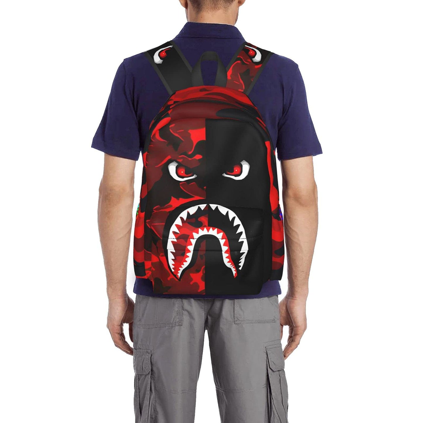 Vkaxopt Backpack Shark Teeth Camo Backpacks Travel Laptop Daypack Big Capacity Bookbag Fashion Durable for Men and Women, Red Black Shark, 11 x 16.9 x 6.3 inches, Daypack Backpacks
