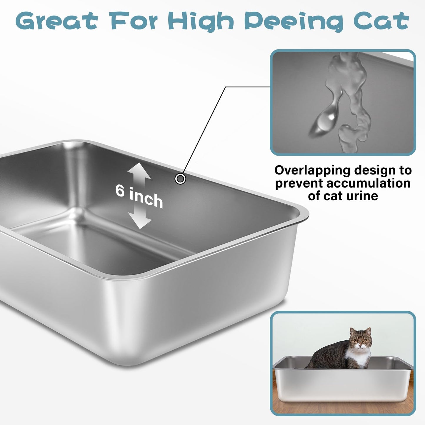 FUTAM Stainless Steel Litter Box, 17.7"x13.8"x6" Large Metal Litter Box for Kitty/Cat/Rabbits, Easy to Clean, Non Stick Litterbox No Smell for Adult Cats