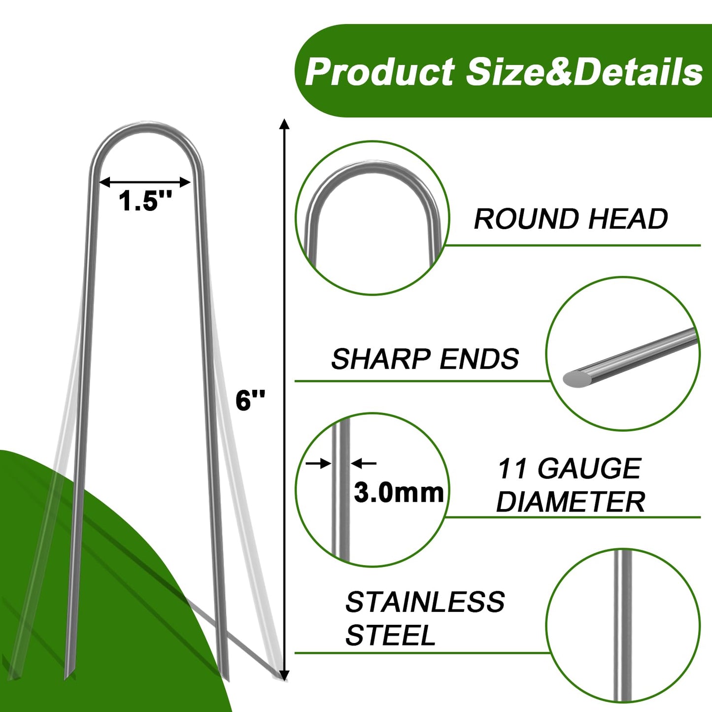 AAGUT Garden Staples 6 Inch Galvanized 100 Pack Round-Top Drip Hose Stakes Irrigation Hooks Heavy Duty 11 Gauge Lawn U Pins Sod Nails for Landscape Fabric, Soaker Hose, Chicken Wire, Dog Fence
