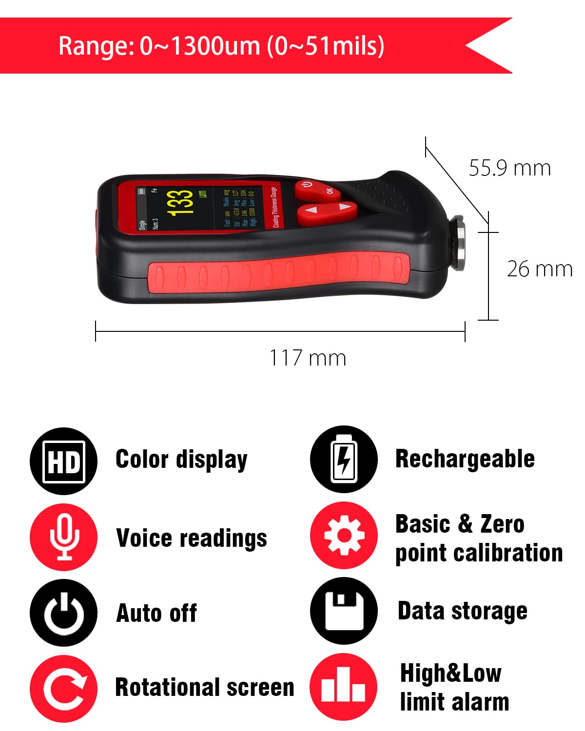 Wintact Paint Coating Thickness Gauge Meter 0~1300um, 1500 Readings Storage, 360°Screen Rotation, Backlit Color Display, Voice Feature, Auto-Off, Rechargeable for Used Car Buyer Check Original Coating
