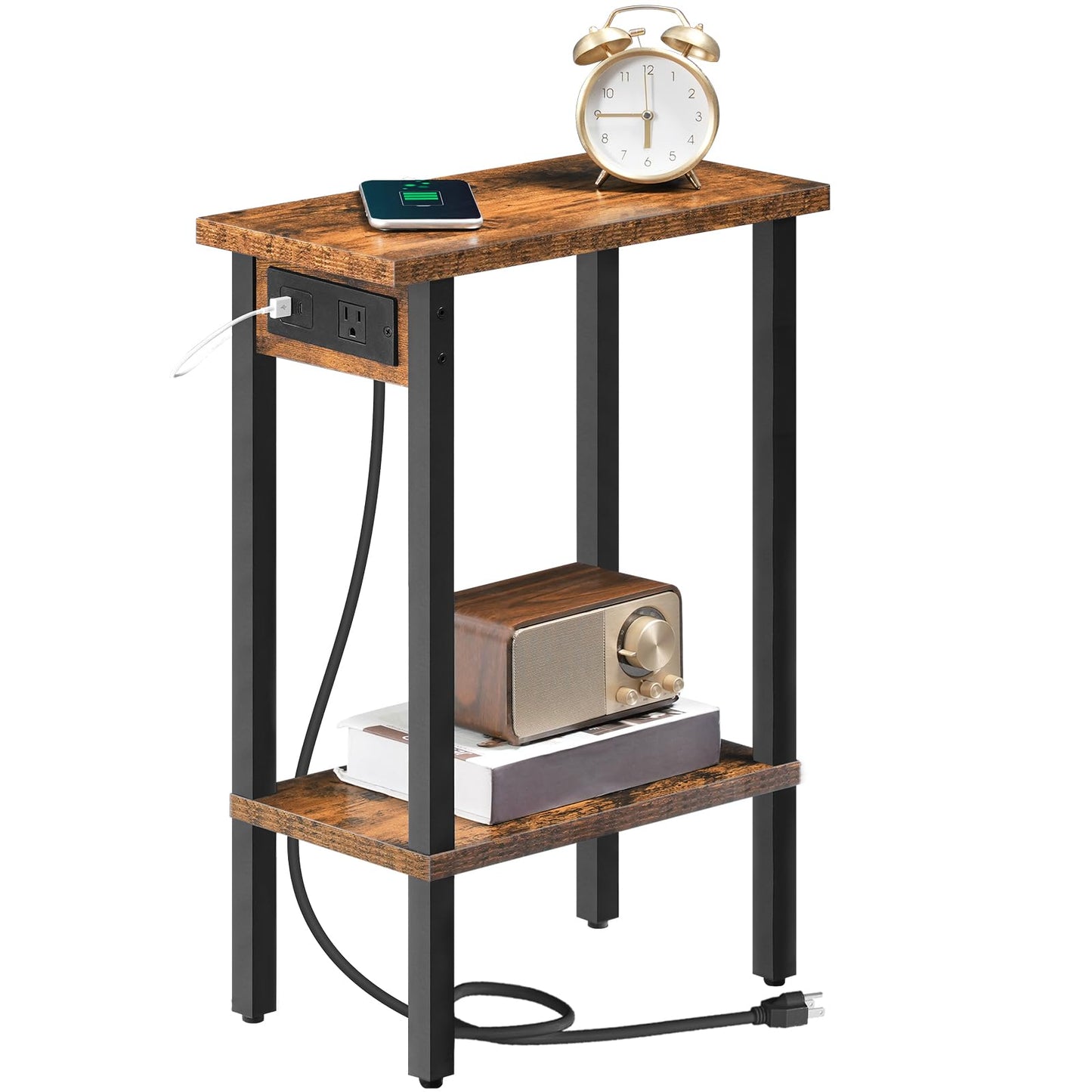 HOOBRO End Table with Charging Station, 2-Tier Narrow Side Table, Slim Bedside Table with Open Storage, Skinny Nightstand for Living Room, Small Spaces, Rustic Brown and Black BF240UBZ01