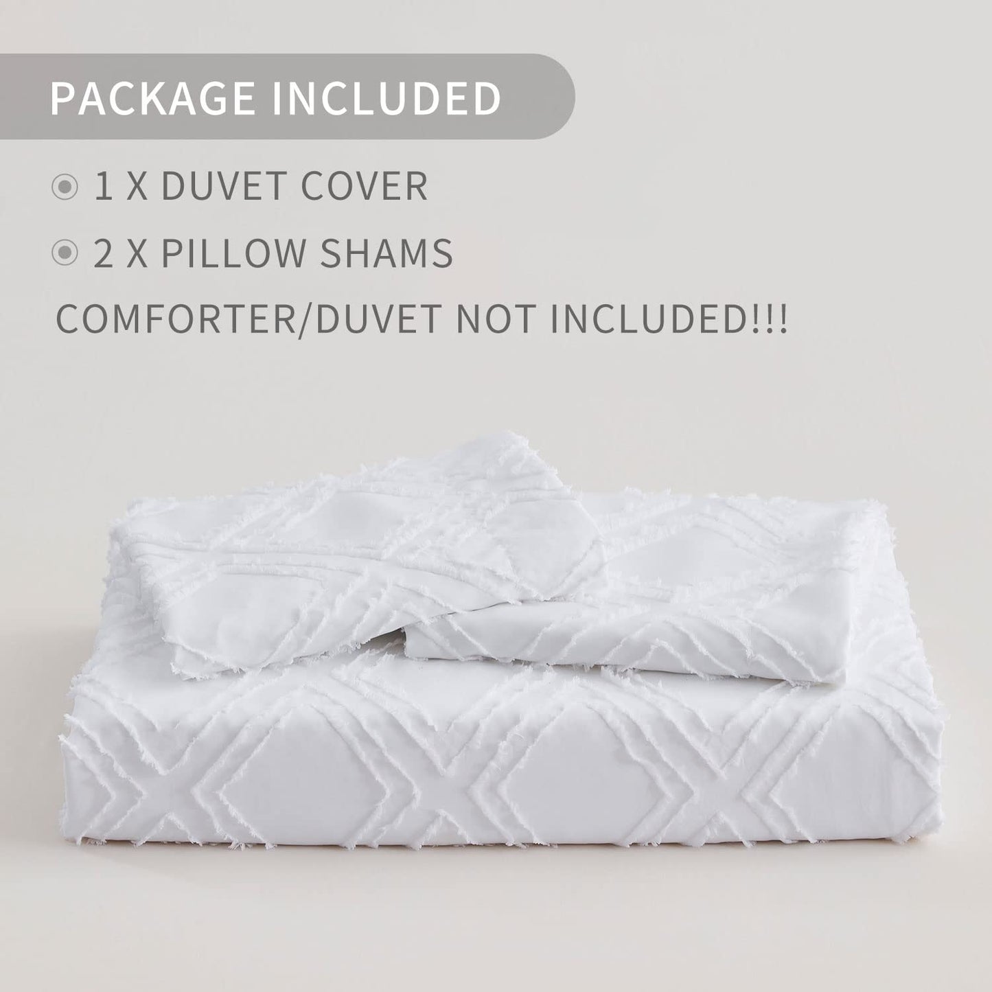 Maple&Stone Queen Duvet Cover Set, 3 Pieces Textured Tufted Boho Bedding Sets Zipper Closure Design with Ties, 1 Duvet Cover + 2 Pillow Shams, Comforter NOT Included (White, Queen Size)