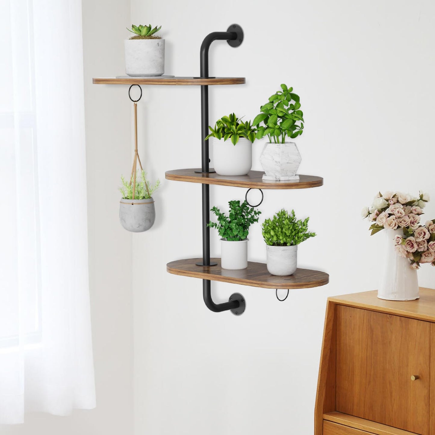 VyGrow Rotating Window Plant Shelves with 3 Anti-slip Mats, 3 Tier Plant Stand Indoor Outdoor, Wooden Window Plant Shelf with 3 Circle Hooks, Hanging Plant Holder for Window, Potted Plants, Flowerpots (Antique Color)