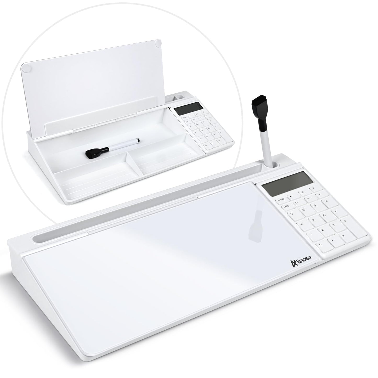 Varhomax Glass Desk Whiteboard White with Calculator, Desktop Dry Erase White Board with Storage, Desk Board to Do List Memo Notepad for Home and Office