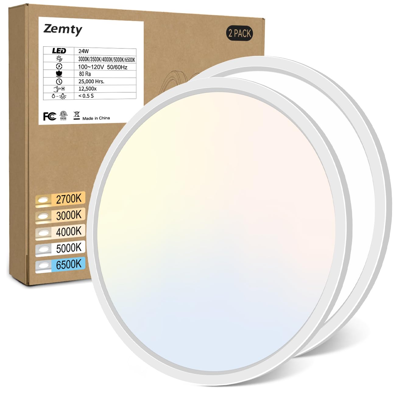 Zemty 2 Pack 12 Inch LED Flush Mount Ceiling Light Fixtures, 24W 2640lm LED Ceiling Light 2700K/3000K/4000K/5000K/6500K 5 Color Temperatures Selectable for Bedroom Kitchen Dining Room (White)