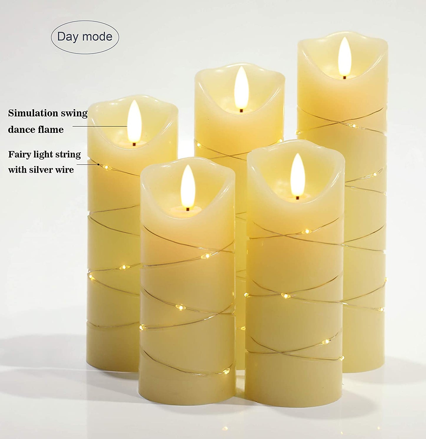 LED flameless Candle, with Embedded Starlight String,( danip)5-Piece LED Candle, with 10-Key Remote Control, 24-Hour Timer Function, Dancing Flame, Real Wax, Battery-Powered. (Ivory White)