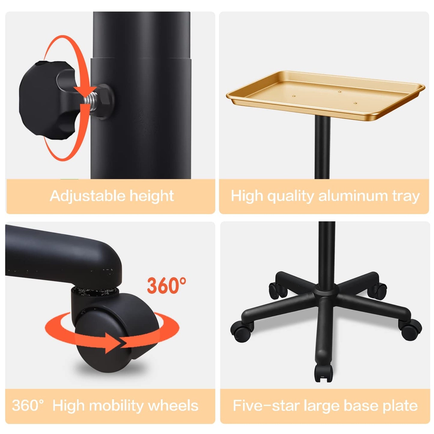 Chetunju Golden Salon Tray Premium Aluminum Rolling Tray Adjustable Height Use for The Tattoo Tray Hairstylist Tray with Wheels(Golden)