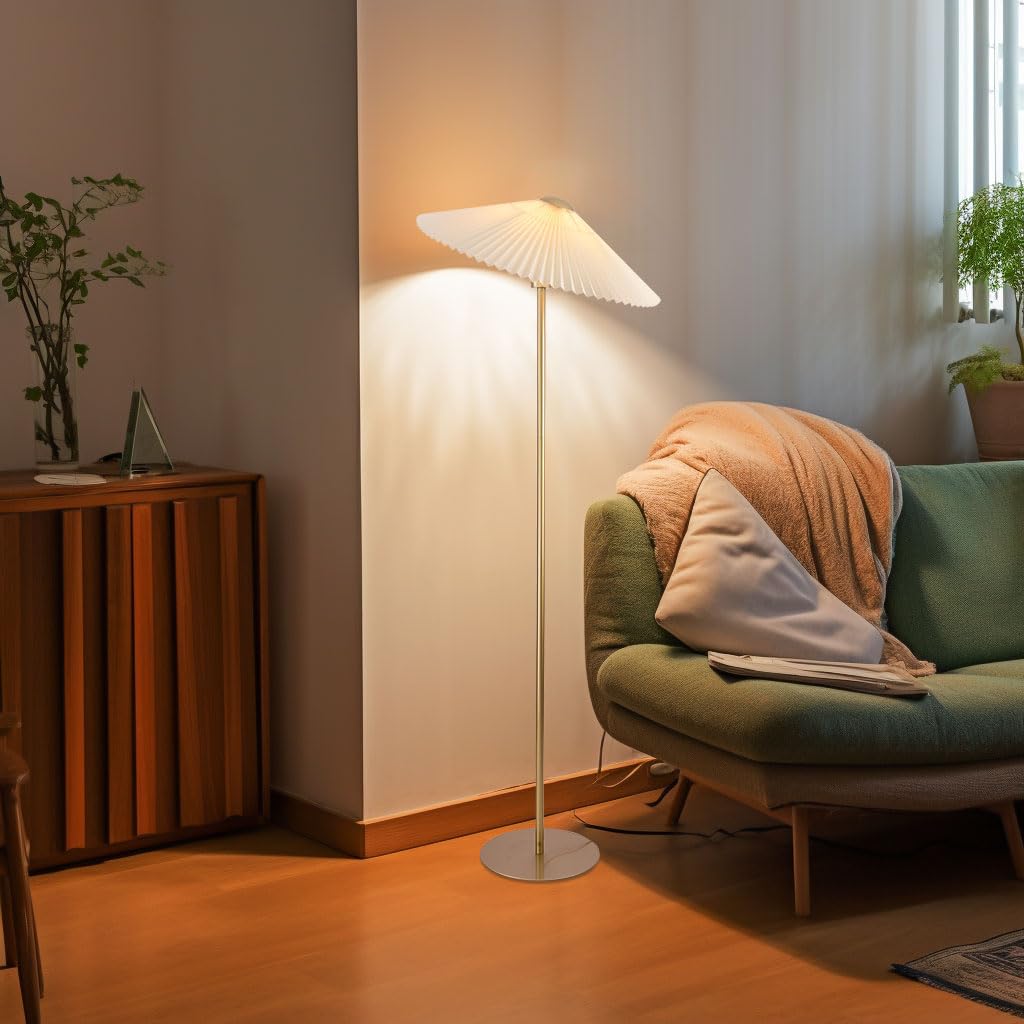 KUNJOULAM Pleated Floor Lamp,Gold Pole Floor Lamps for Living Room, Simple Design Tall Lamp with Beige Lampshade, Standing Lamp for Living Room, Office, Home