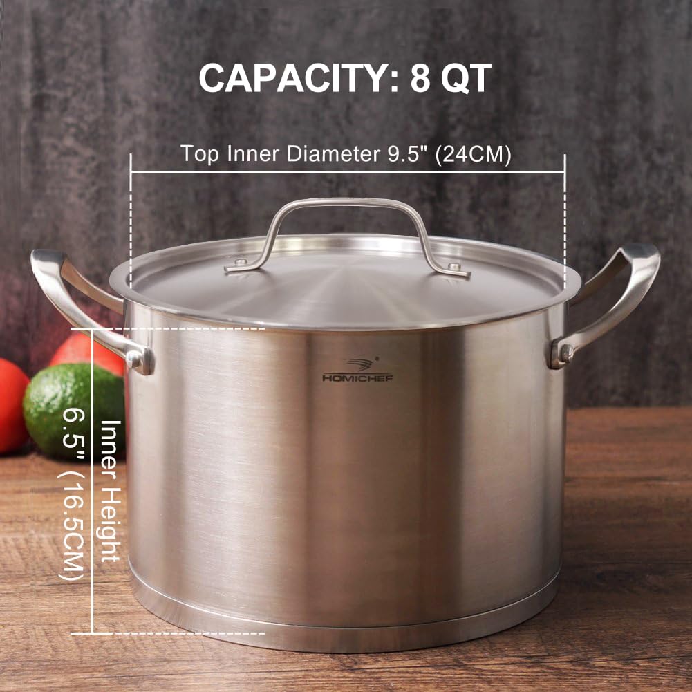 HOMICHEF Large Heavy Ecological Nickel Free Stainless Steel Stock Pot 8qt w/Lid (No Toxic Non Stick Coating, 5.1LBS)