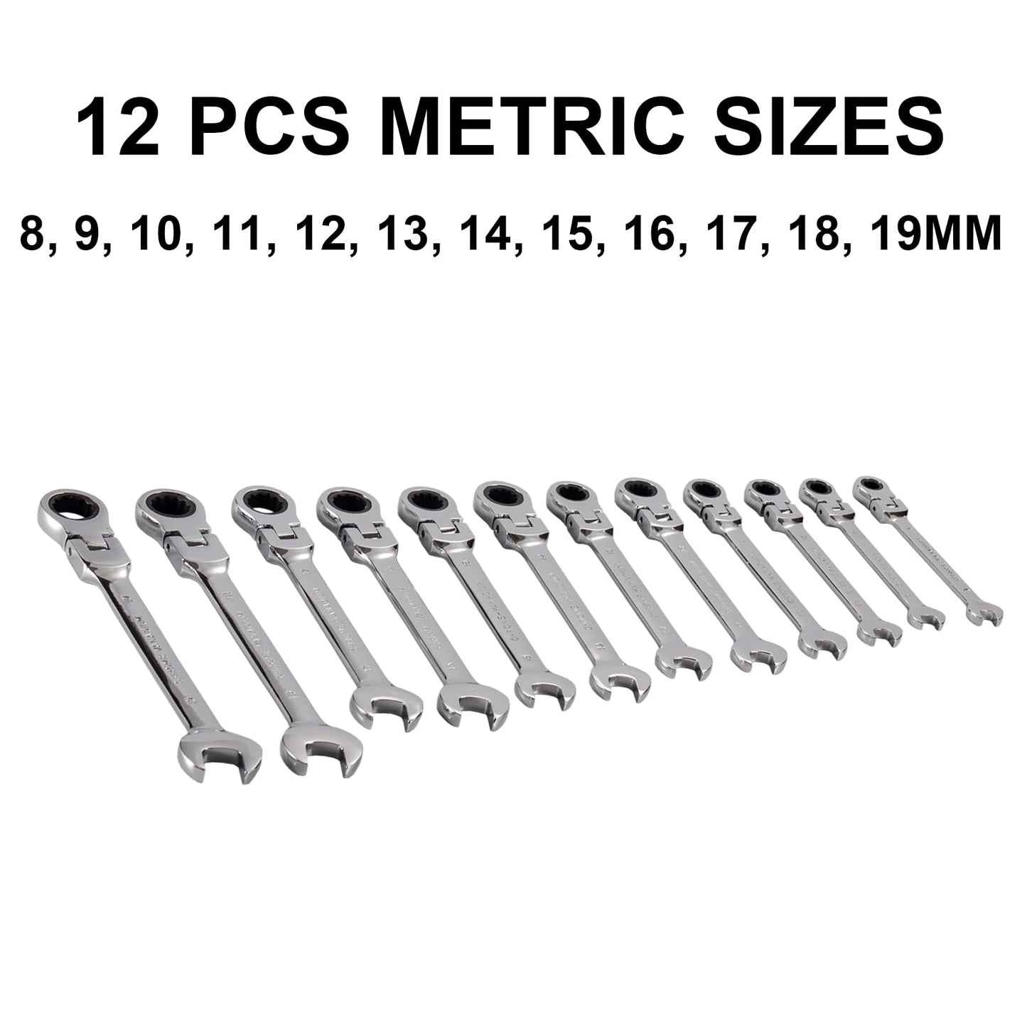 12-Piece Flex-Head Ratcheting Wrench Set Metric, 8-19mm, 72-Teeth Ratcheting Wrench, Cr-V Combination Wrench with Organizer Bag