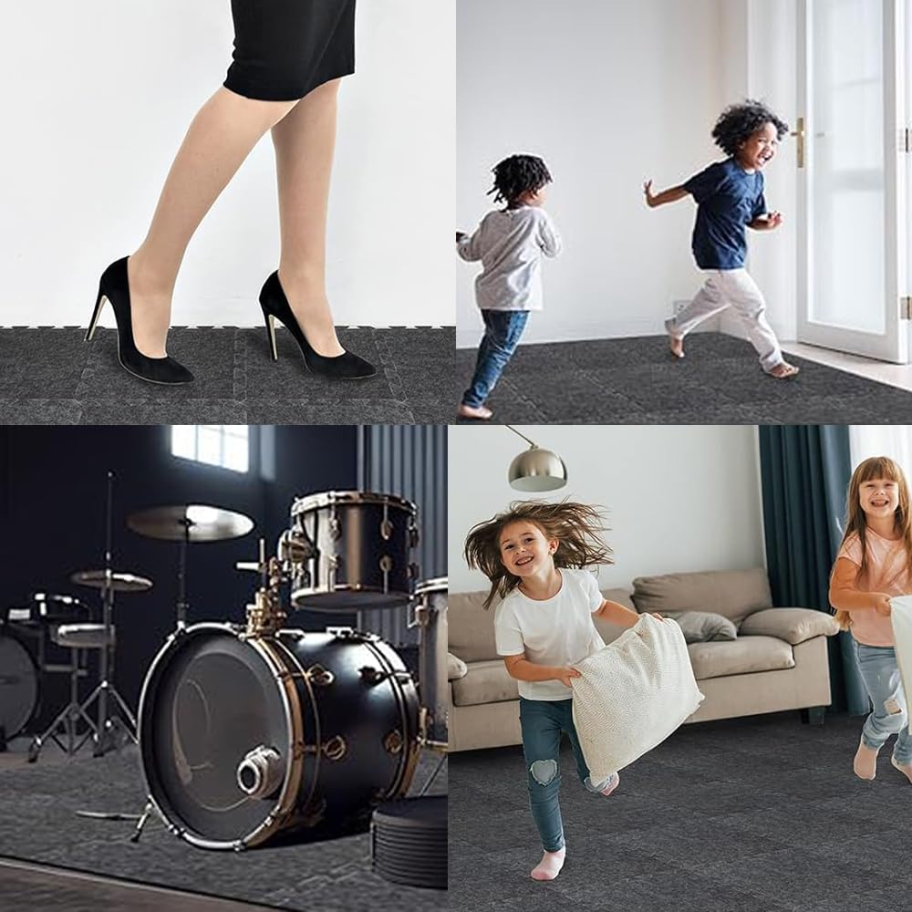 16 Pcs Thick Sound Absorbing Interlocking Floor Mats 11x 11 X 0.4 Inches High Density Piano Carpet Drum Rug Non Slip Anti Vibration Soundproof Pads Acoustic Blanket for Music Studio (Grey)