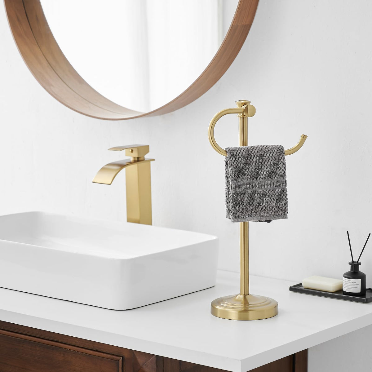 BESy 17 Inch Brushed Gold Stand Towel Bar Hanger Hand Towel Bar Bathroom Vanity Countertop Towel Holder Free Standing Stainless Steel Towel Ring Hardware Accessories Towel Rack