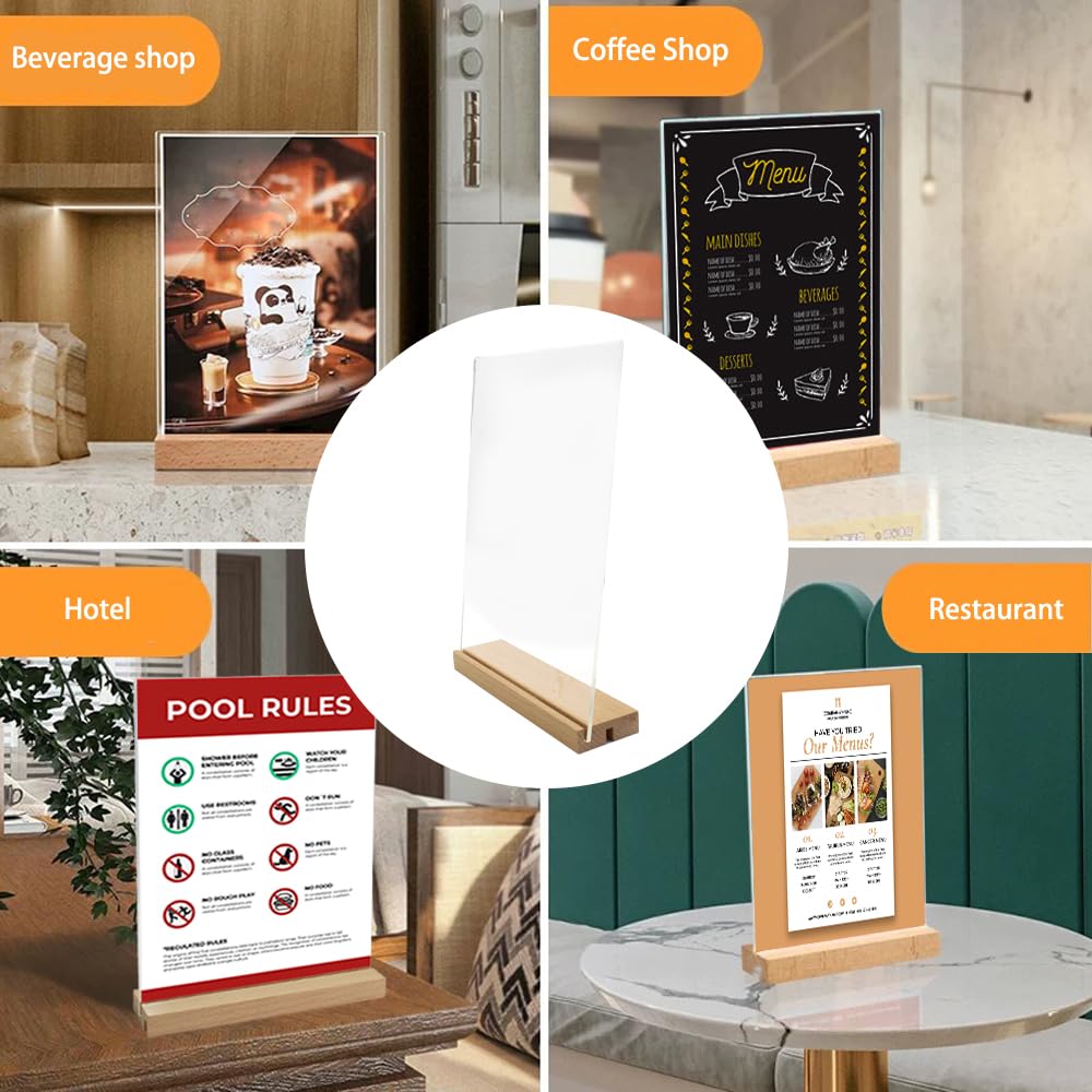 8.5 x 11 Acrylic Sign Holder with Wood Base 5 Pack L/T Shape Vertical or Slant Back Display for Wedding, Restaurant, Office, Hotel