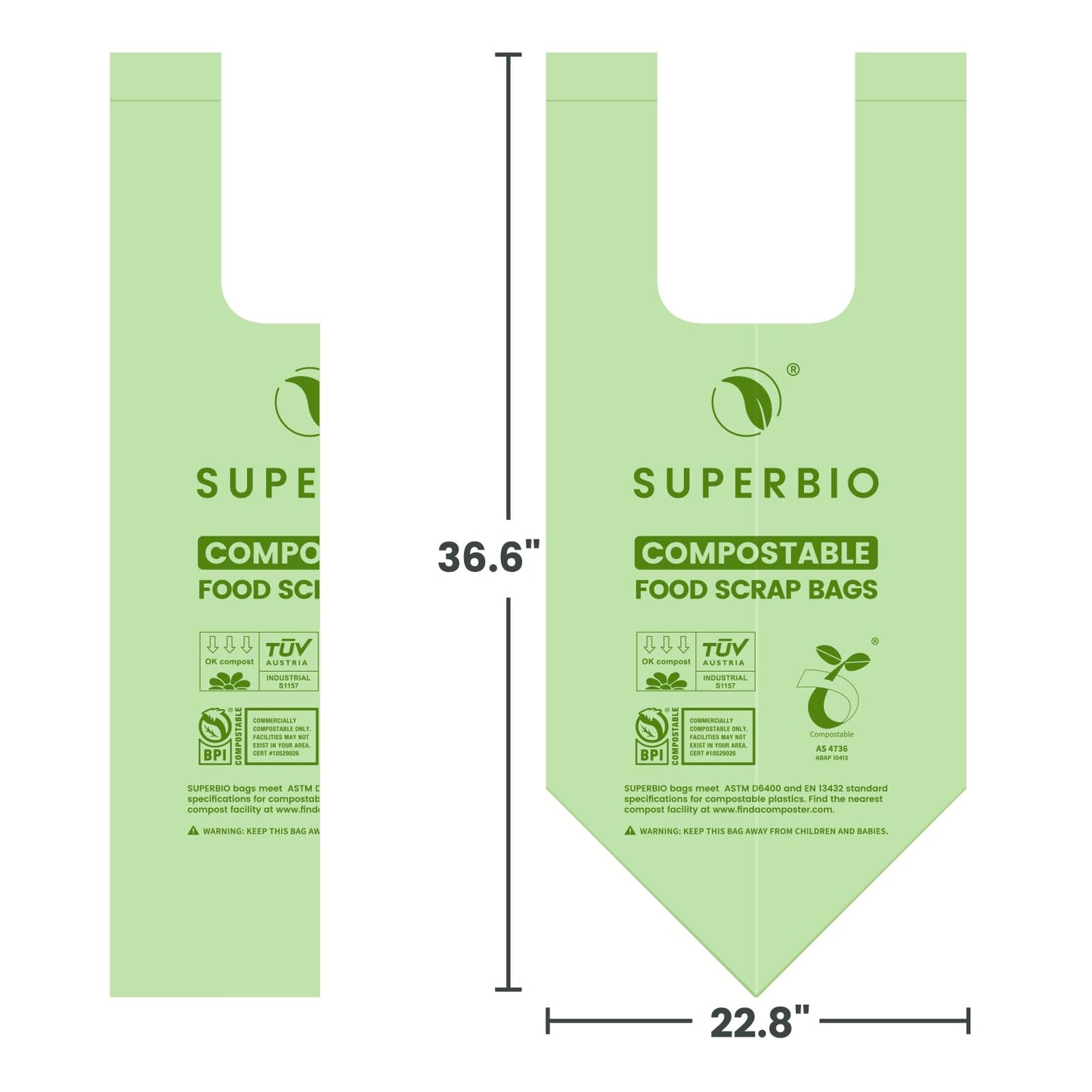 SUPERBIO Compostable Food Scrap Bags,49.2L. Certified by BPI (commercially compostable only), Seedling,OK compost HOME and OK compost INDUSTRIAL, 30 Count