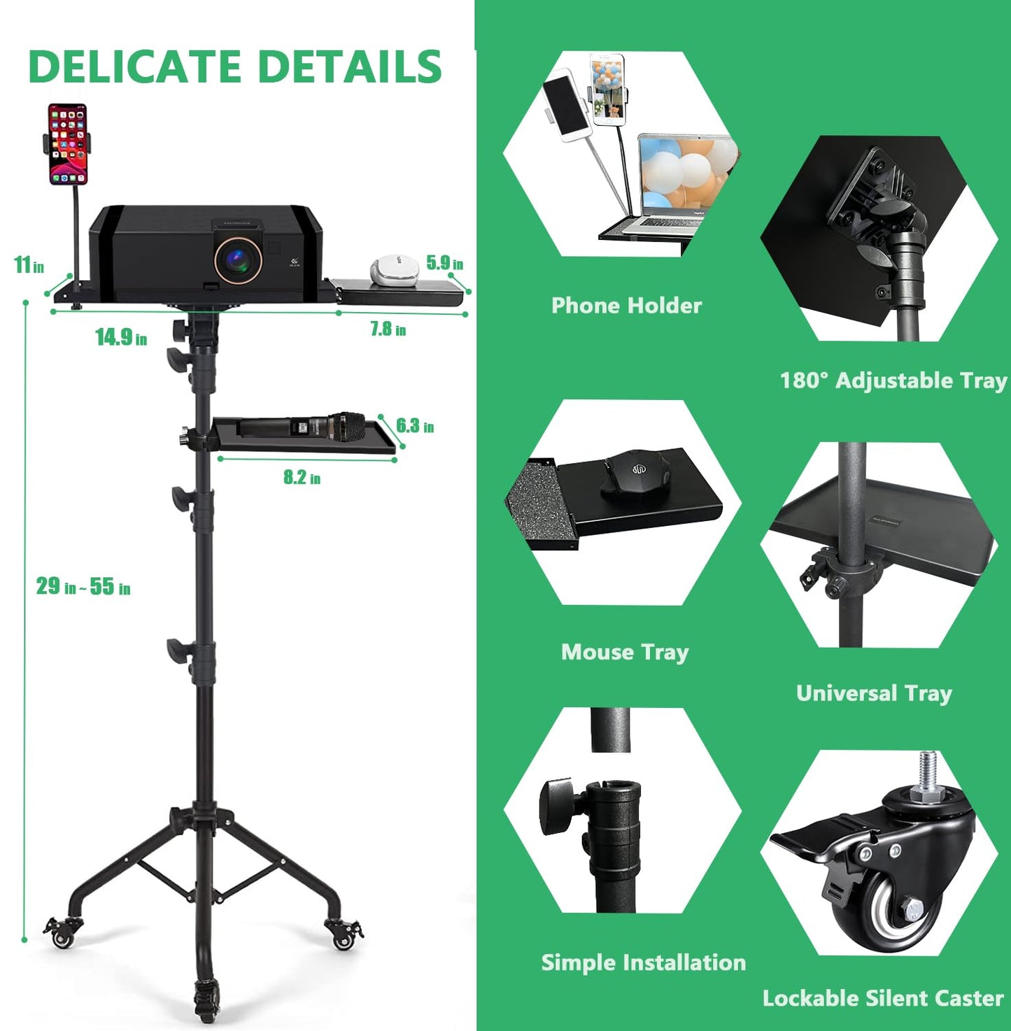 Asltoy Projector Tripod Stand with Wheels Adjustable Height Laptop Tripod Stand Treadmill Laptop Stand with 2 Shelves Mouse Tray Phone Holder Projector Tripod Music Stand Office Home Portable Laptop Floor Stand