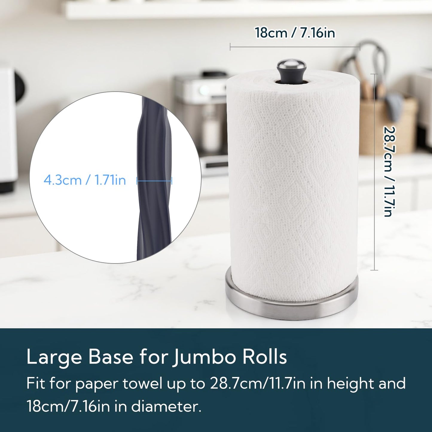 KITCHENDAO One-Handed Countertop Paper Towel Holder, Rotation Freestanding Kitchen Paper Holder Stand, Stainless Steel Paper Roll Holder with Weighted Base High-Adhesion Pad Sticker