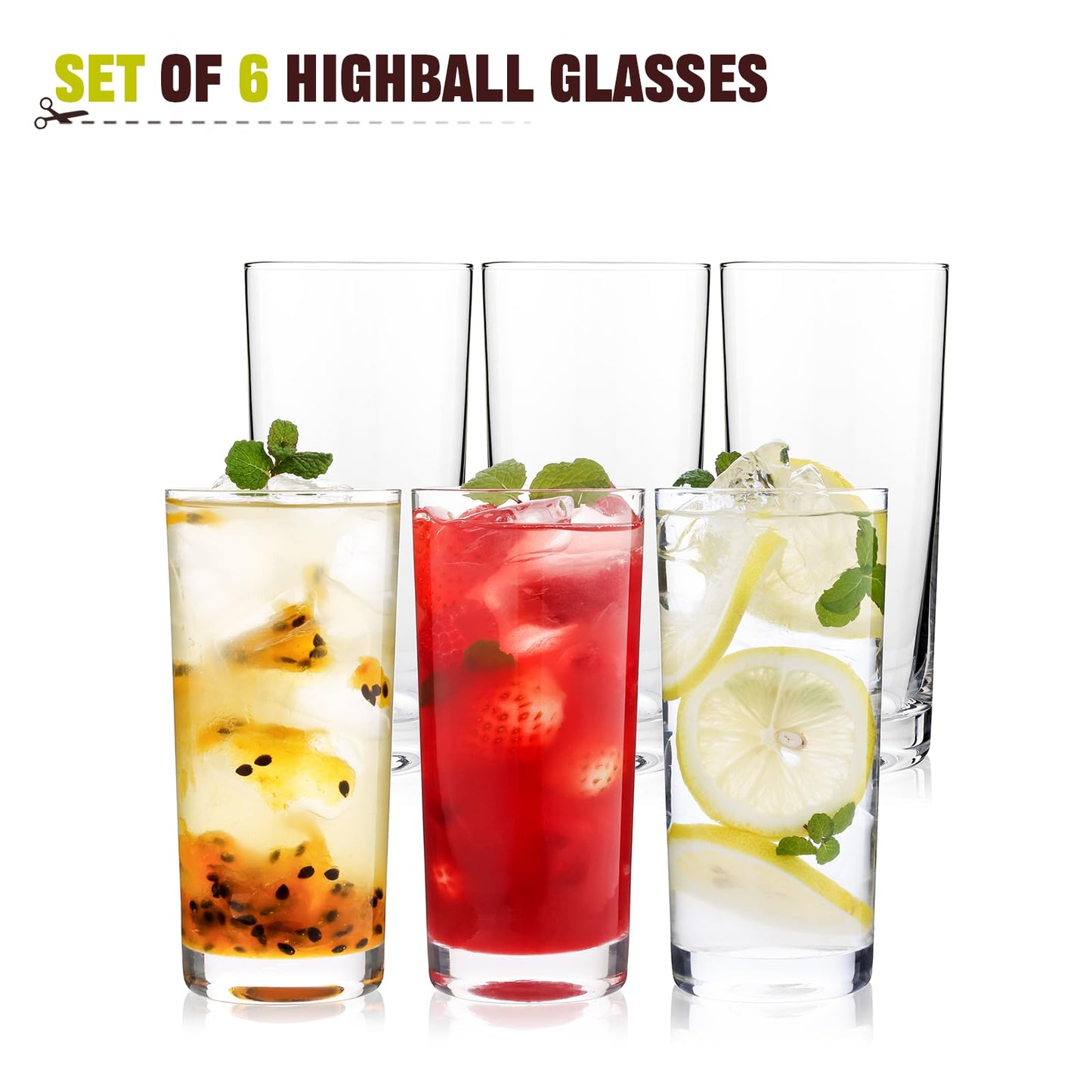 OUWO Highball Glasses Set of 6, 16oz Tall Drinking Glasses, Water Glass for Kitchen, Tom Collins Glass, Cocktail Glasses for Bar Glassware